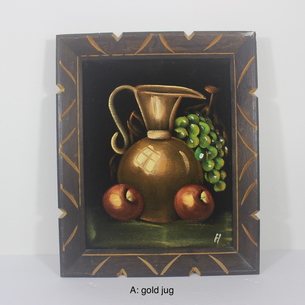 1960’s Vintage Black Velvet Painting Still Life Fruit Pitcher Wood Frame